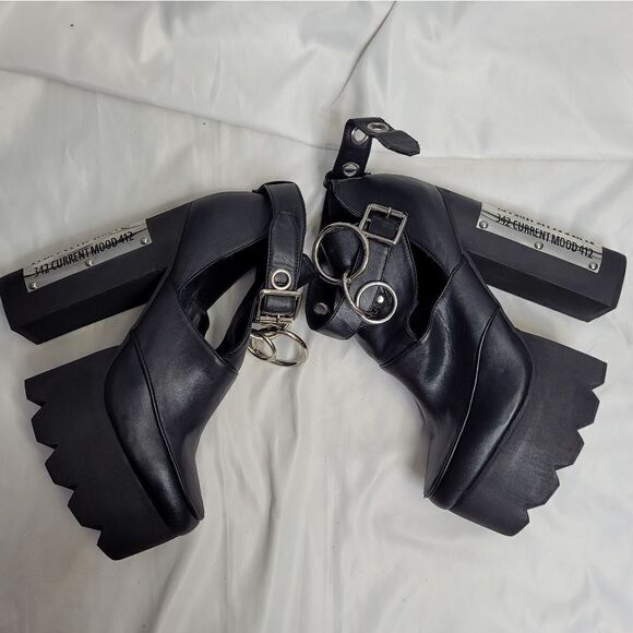 DOLLS KILL‎ Current Mood black vegan strappy barcode rare 6" platform heels 10 - Picture 5 of 12